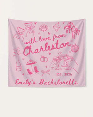Rectangular bachelorette party banner with hand-drawn doodle script art for the bride's weekend celebration. Personalized with bride name, destination city, and year for the whole crew.