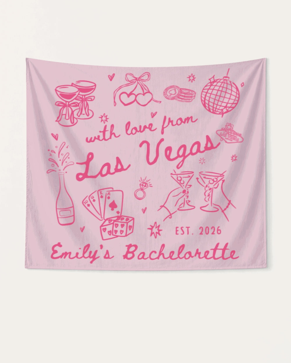 Las Vegas bachelorette party banner with hand-drawn doodle art and playful line illustrations. Personalized with bride name, destination city, and year for the whole crew.