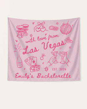 Las Vegas bachelorette party banner with hand-drawn doodle art and playful line illustrations. Personalized with bride name, destination city, and year for the whole crew.