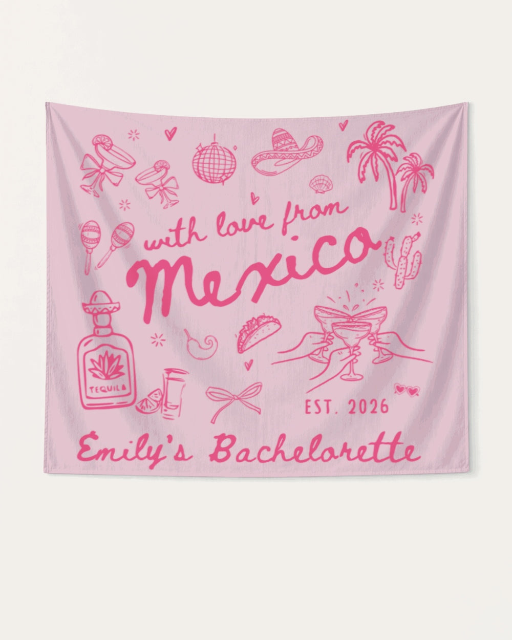 Flat-lay banner for a Mexico bachelorette weekend, vintage line-art style with hand-drawn illustrations. Personalized with bride name, year, and destination for the full crew.