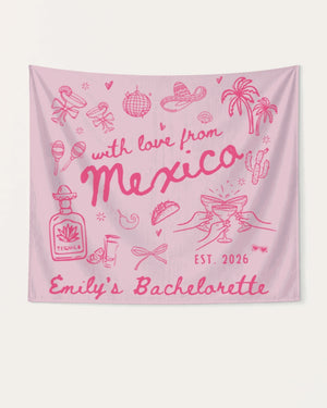 Flat-lay banner for a Mexico bachelorette weekend, vintage line-art style with hand-drawn illustrations. Personalized with bride name, year, and destination for the full crew.
