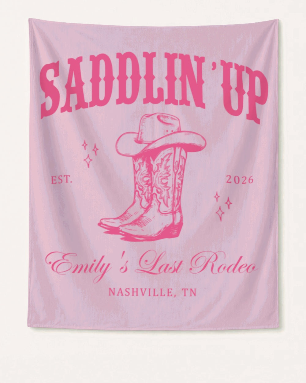 Matching bachelorette rodeo banners for the bride's last rodeo party, vintage western style with custom name, year, and city. Nashville bachelorette decor for the whole crew.