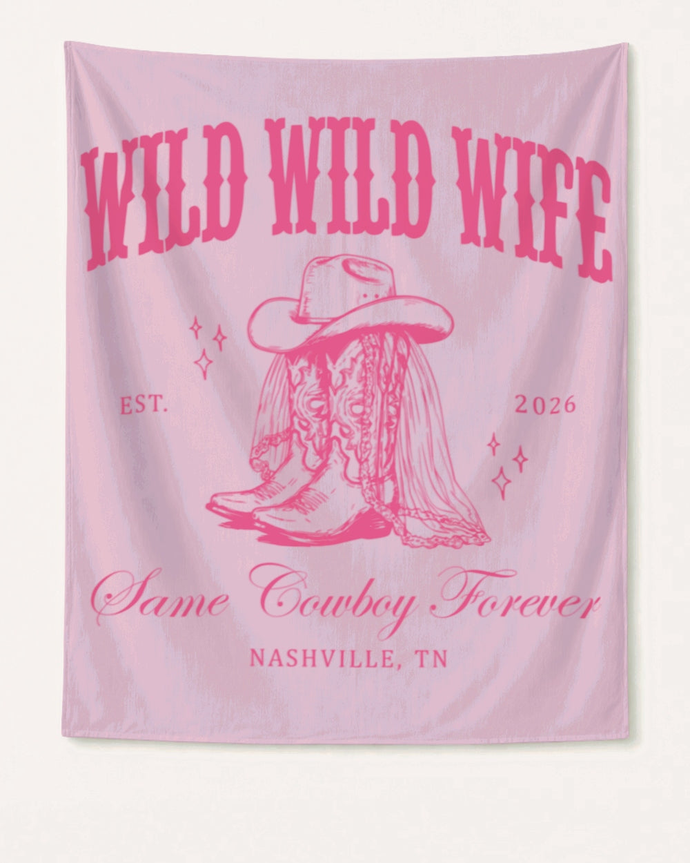Rectangular party banner with vintage western bachelorette artwork for a cowgirl bride celebration. Personalized with bride name, wedding year, and destination city for the Nashville or any-city bachelorette crew.
