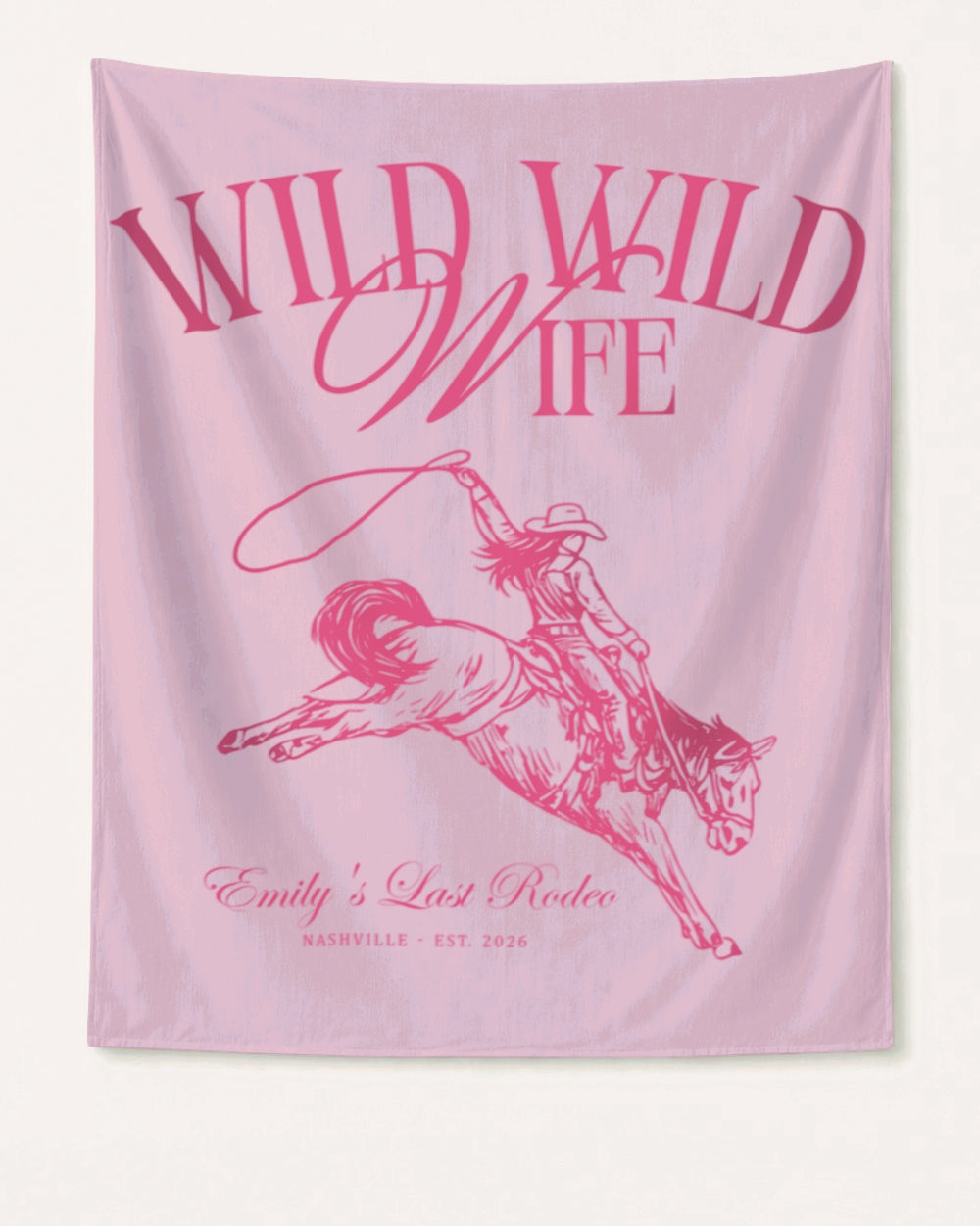 Matching bachelorette party banners for the bride's last rodeo weekend, vintage cowgirl style with script lettering. Personalized with bride name, destination city, and year.