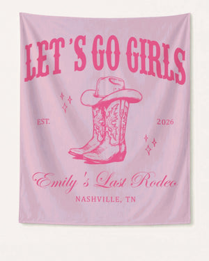 Matching country western bachelorette banners for the last rodeo crew. Vintage boot and hat design with bride name, year, and destination city customizable for any Nashville-style bach weekend.