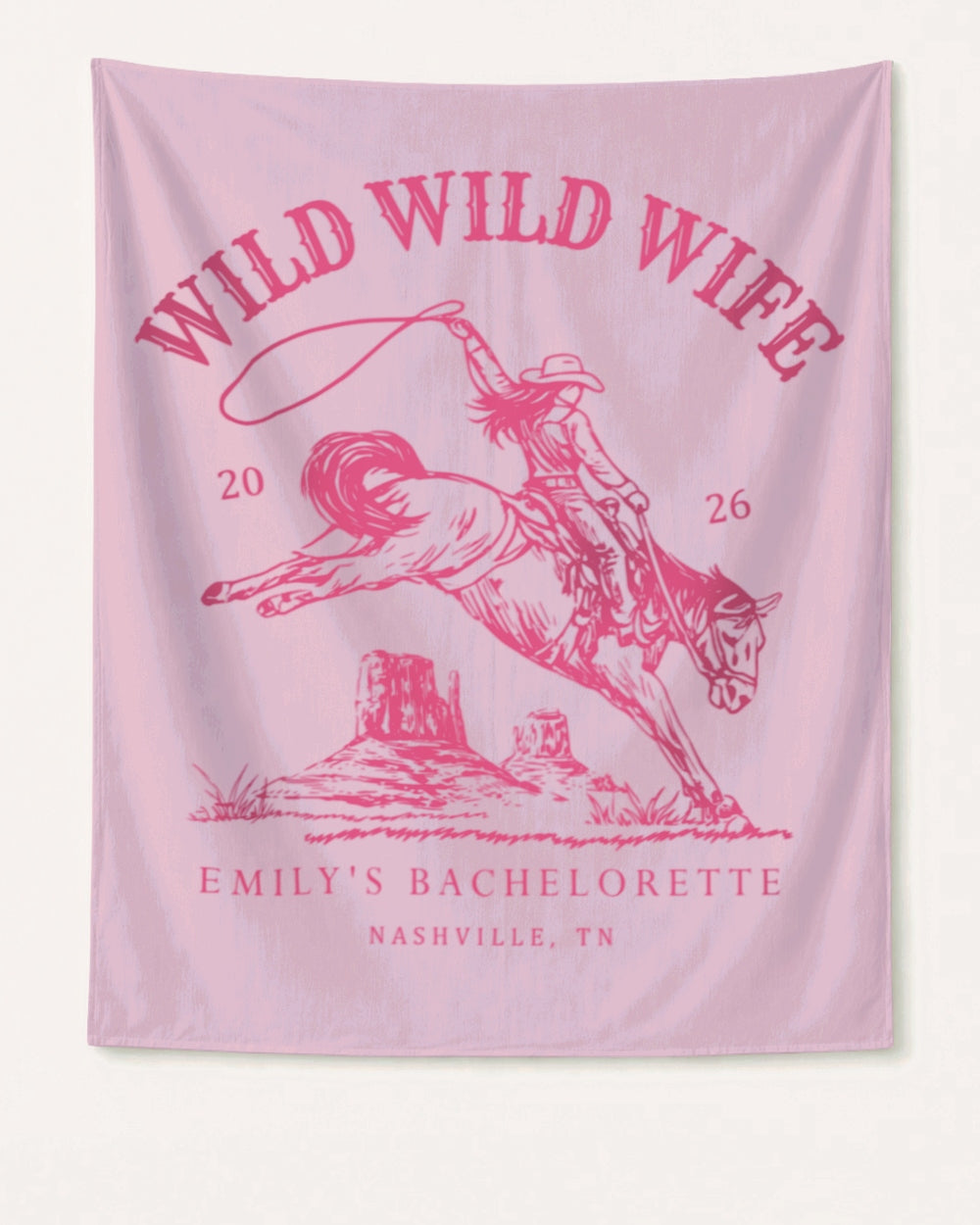 Vintage western banner for a Wild Wild Wife bachelorette weekend. Personalized with bride name, year, and destination city for the full Nashville-style party crew.