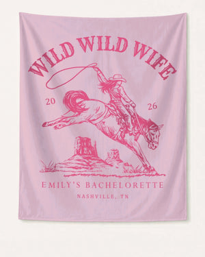 Vintage western banner for a Wild Wild Wife bachelorette weekend. Personalized with bride name, year, and destination city for the full Nashville-style party crew.