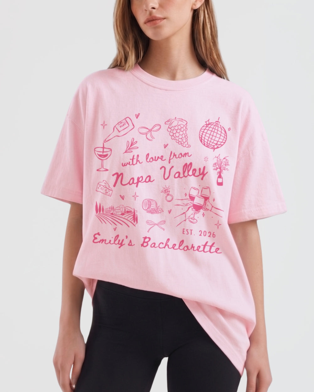 Personalized Napa Valley bachelorette tee with bride name, date, and destination customizable on whimsical wine-country sketch art. Matching shirts for the full bridal crew.