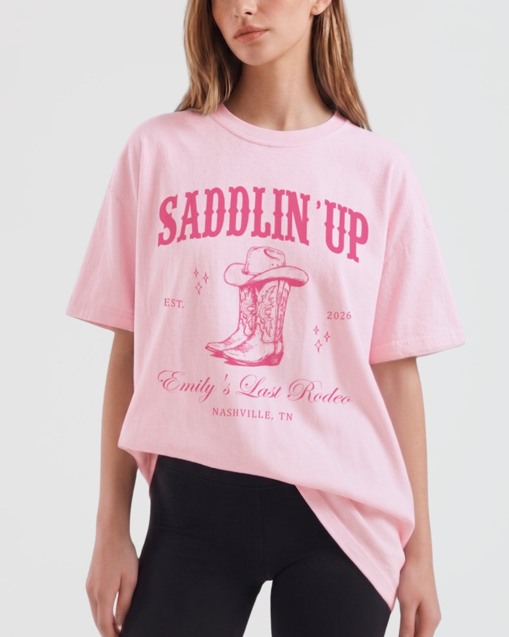 Vintage western illustration bachelorette tee with decorative cowboy boot art and Last Rodeo script. Personalized with bride name, year, and city for the whole Nashville-bound crew.