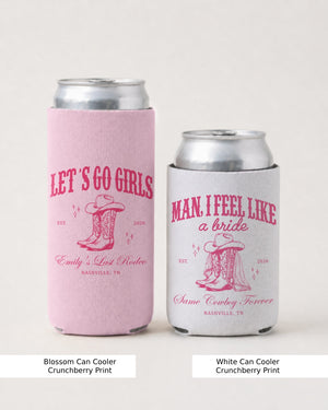 Gift idea for the bride who loves country music: western bachelorette can cooler with vintage rodeo illustration and script lettering. Perfect for the bridal party's bachelorette bash.