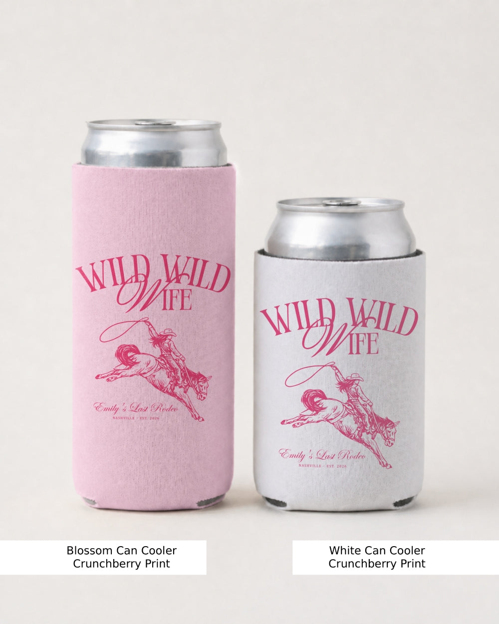 Bride and bridesmaids can coolers for a Wild Wild Wife bachelorette party, featuring vintage cowgirl script art. A matching set the whole crew can carry to the cookout, bonfire, or barn bash.