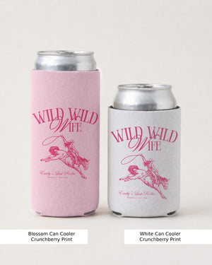 Bride and bridesmaids can coolers for a Wild Wild Wife bachelorette party, featuring vintage cowgirl script art. A matching set the whole crew can carry to the cookout, bonfire, or barn bash.