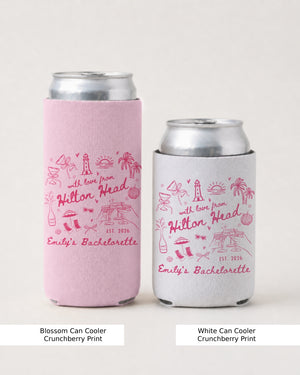 Bride and her crew can coolers for a Hilton Head bachelorette weekend, whimsical doodle art with script typography. Personalized with the bride's name and destination for the whole bachelorette party.