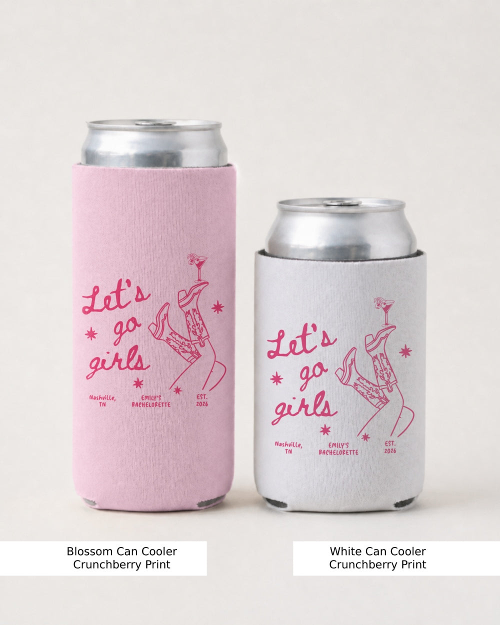 Bride and her girls trip crew can coolers with Let's Go Girls script and minimalist boot and martini line art, bachelorette party drinkware for the whole squad.