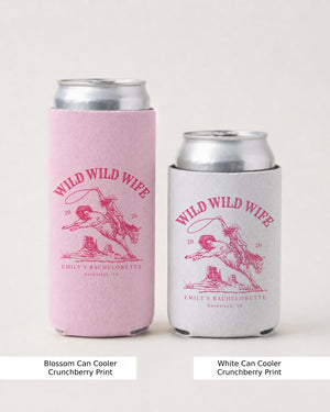 Bride and bridesmaid can coolers for a Wild Wild Wife bachelorette party, western rodeo theme with vintage script art. Matching set for the whole bachelorette crew.