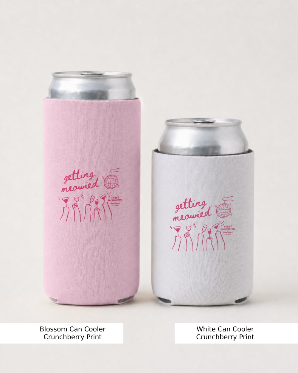 Bride and bridesmaids can coolers for a bachelorette party, getting meowied cat theme with playful minimalist doodle art. Perfect matching set for the whole bridal crew.