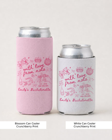 With Love from Nola Can Cooler Personalized Mardi Gras bachelorette drink holder with NOLA design for bride party favors
