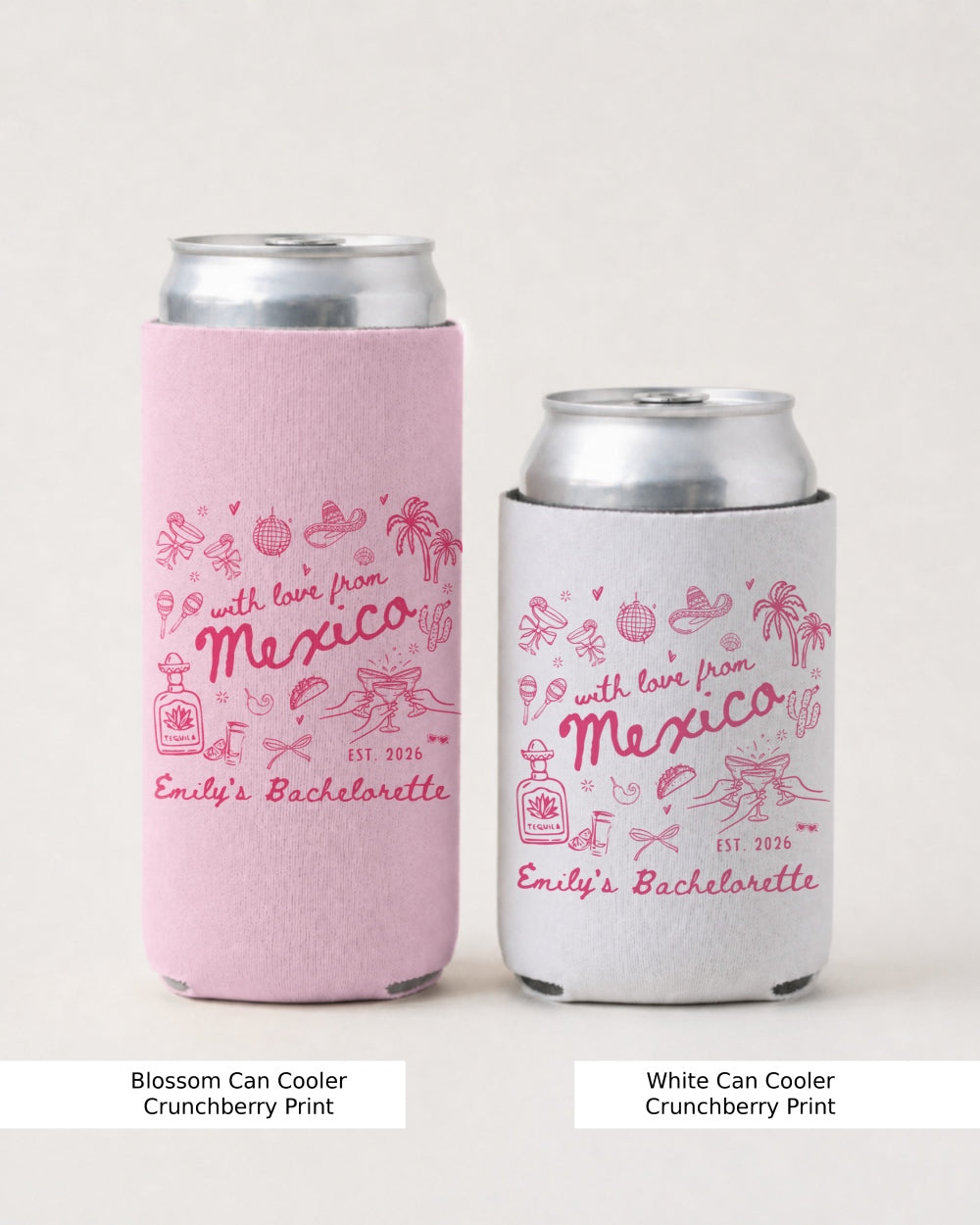 Vintage illustration style bachelorette can cooler with script lettering and Mexico travel theme. Personalized with bride name and destination for the whole bachelorette crew.