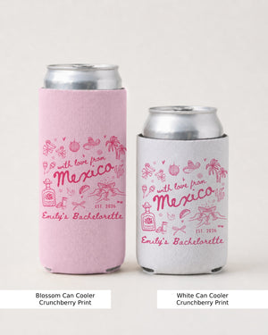 Vintage illustration style bachelorette can cooler with script lettering and Mexico travel theme. Personalized with bride name and destination for the whole bachelorette crew.