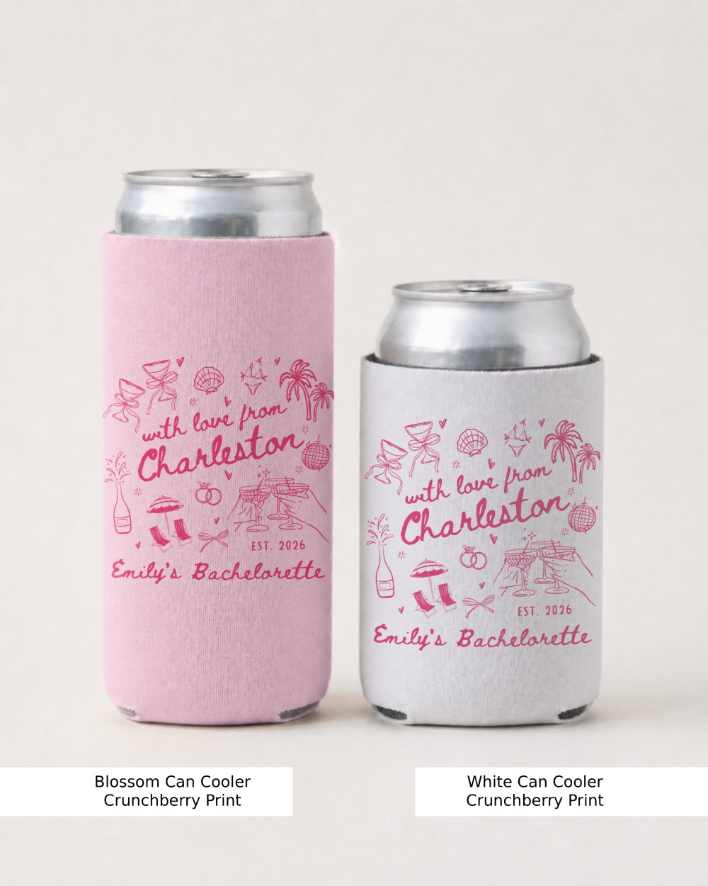 Bride and bridesmaids can coolers for a Charleston bachelorette weekend, hand-drawn line art with script lettering. Personalized with the bride's name and destination city for the whole crew.