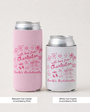 Bride and bridesmaids can coolers for a Charleston bachelorette weekend, hand-drawn line art with script lettering. Personalized with the bride's name and destination city for the whole crew.