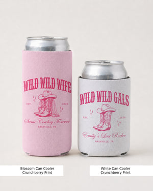 Bride and her Wild Wild Gals bachelorette can coolers with vintage western cowgirl design. Personalized with names, location, and est. date for the whole crew.