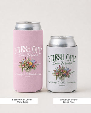 Bride and bridal party can coolers with vintage botanical script art for a Fresh Off the Market bachelorette celebration. Matching set for the whole crew, perfect for outdoor parties and bridal showers.