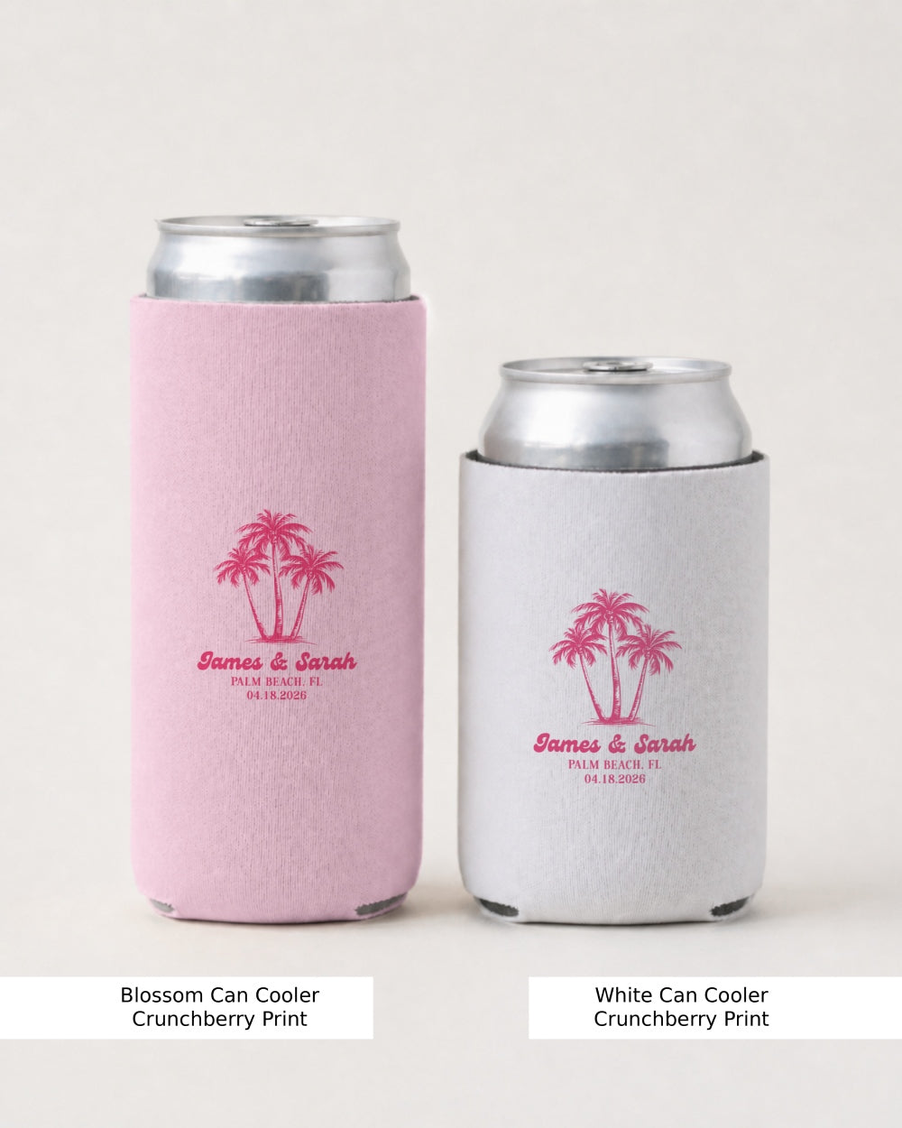 Bride and bridal party can coolers for a beach wedding or tropical bachelorette. Minimalist palm tree line art with personalized names, initials, and wedding date for the whole crew.