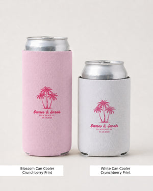 Bride and bridal party can coolers for a beach wedding or tropical bachelorette. Minimalist palm tree line art with personalized names, initials, and wedding date for the whole crew.