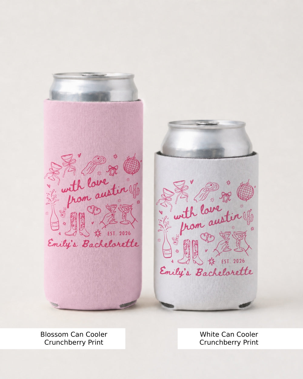 Bride and bridesmaids can coolers for an Austin bachelorette party, minimalist doodle art with script. Destination city fully customizable for the whole crew.