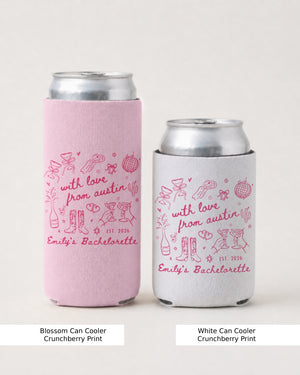 Bride and bridesmaids can coolers for an Austin bachelorette party, minimalist doodle art with script. Destination city fully customizable for the whole crew.
