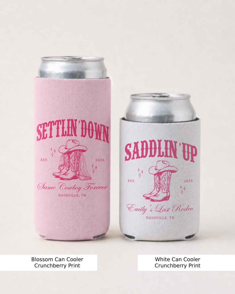 Bride and groom western wedding can coolers with vintage serif typography and a Settlin' Down Saddlin' Up theme. Perfect gift for the couple or the whole bridal crew at a country wedding reception.