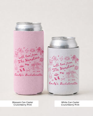 Bride and bridesmaid can coolers for a Hamptons bachelorette weekend, vintage line-art design with script lettering. Personalized with the bride's name and destination for the whole crew.