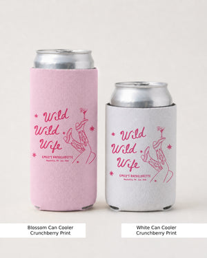 Bride and bachelorette party can coolers with Wild Wild Wife script and line-art illustration. Perfect matching set for the whole crew at outdoor parties, lake weekends, and backyard celebrations.
