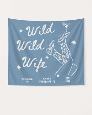 Playful line-art bachelorette party banner with script lettering and cowgirl martini illustration. Personalized with bride name, destination city, and weekend date for the whole bachelorette crew.