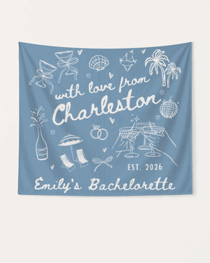 Bride and bridesmaids bachelorette weekend banner with hand-drawn doodle art and script lettering. Personalized with bride name, city, and year for the full crew celebration.