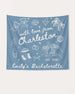 Bride and bridesmaids bachelorette weekend banner with hand-drawn doodle art and script lettering. Personalized with bride name, city, and year for the full crew celebration.