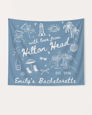Bride and bachelorette crew banner with whimsical line-art doodles and hand-drawn script for a Hilton Head weekend. Personalized with bride name, destination, and year.