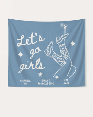 Bride and bachelorette party banner with vintage line-art boots and martini illustration. Personalized with bride name, destination city, and year for the whole bridal crew.