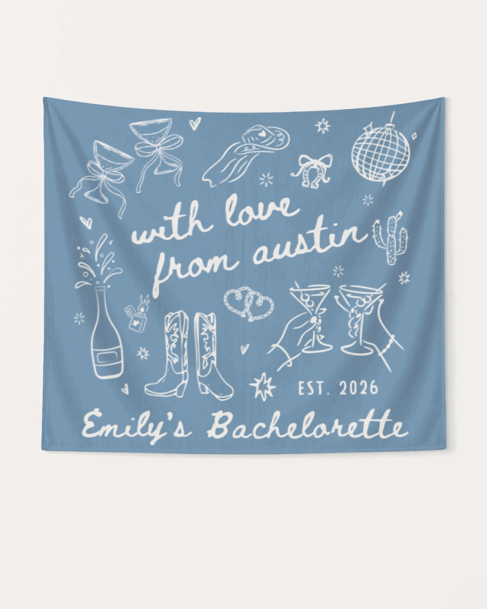 Bride and bachelorette party banner with whimsical doodle script lettering, Austin weekend theme. Personalized with bride name, destination city, year, and bachelorette title.