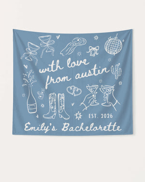 Bride and bachelorette party banner with whimsical doodle script lettering, Austin weekend theme. Personalized with bride name, destination city, year, and bachelorette title.