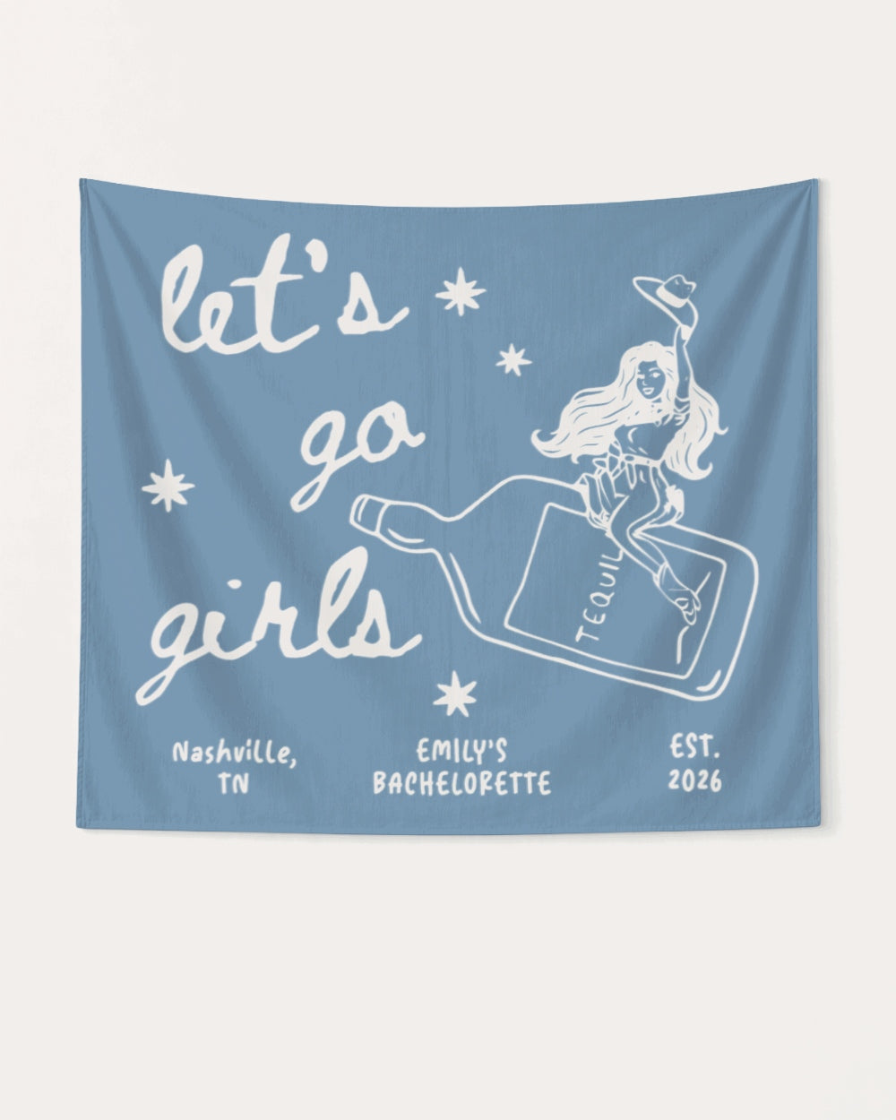Bride and bridesmaids bottle banner for a bachelorette weekend, vintage cowgirl line-art with hand-drawn script. Personalized with bride name, destination city, and weekend date for the whole crew.