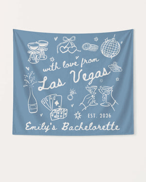 Bride and bachelorette crew banner with hand-drawn Las Vegas doodle art. Personalized with bride name, destination city, and bachelorette year for the whole squad.