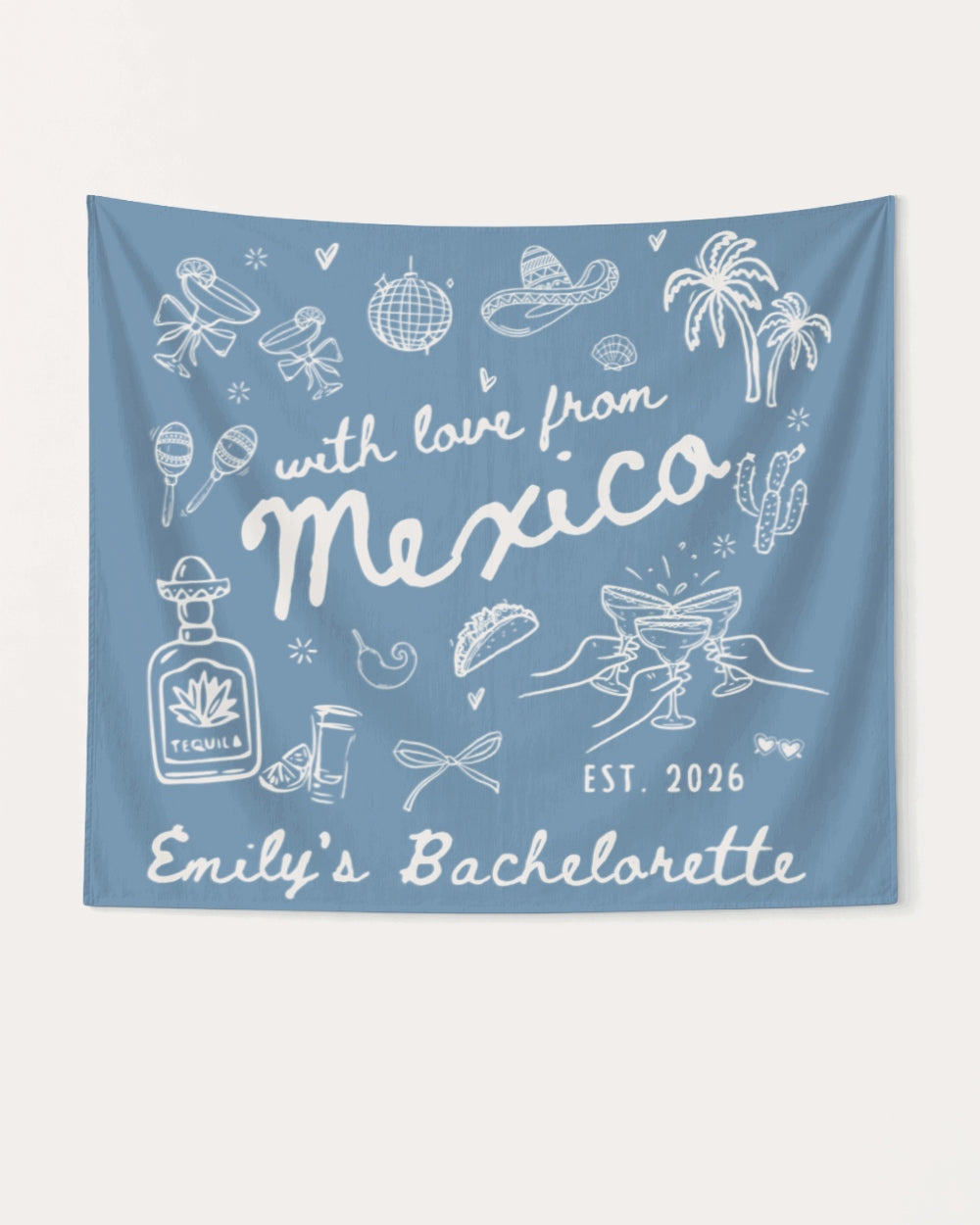 Bride and bachelorette crew banner for a Mexico destination weekend. Hand-drawn vintage line-art style with bride name, year, and destination customizable for the whole party.