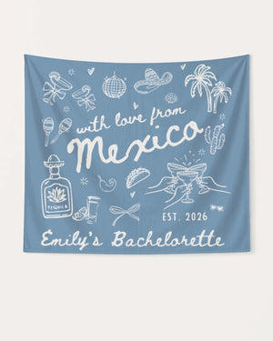 Bride and bachelorette crew banner for a Mexico destination weekend. Hand-drawn vintage line-art style with bride name, year, and destination customizable for the whole party.