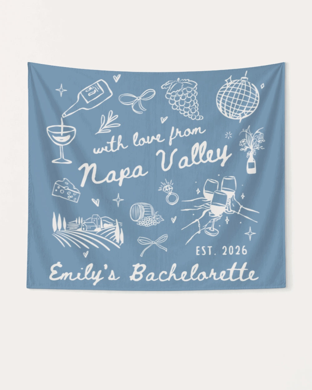 Minimalist line-art bachelorette banner with script lettering and wine country doodles. Personalized with bride name, destination, and year for a Napa Valley bachelorette weekend party display.