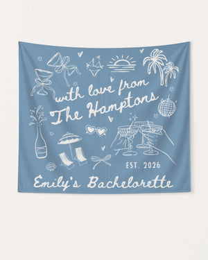 Gift idea for the bachelorette crew: a Hamptons-themed party banner with minimalist doodle art. Personalized with bride name, destination, and year for the full weekend setup.