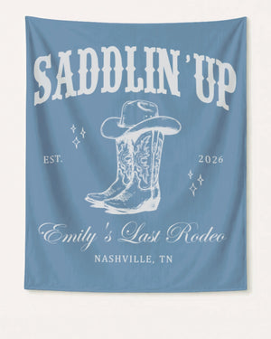 Bride and her rodeo crew bachelorette banner with vintage western illustration, perfect for a Nashville last rodeo party. Personalized with bride name, year, and destination city.