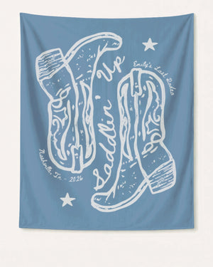 Settlin' Down & Saddlin' Up Cowgirl Boots Banner Blue Jean