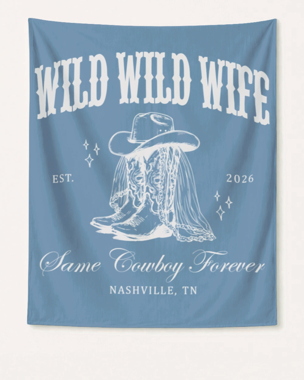 Bride and bridesmaids bachelorette party banner with vintage western cowgirl art for a Nashville-style celebration. Customizable with wedding year, city, and bride name for the whole crew.